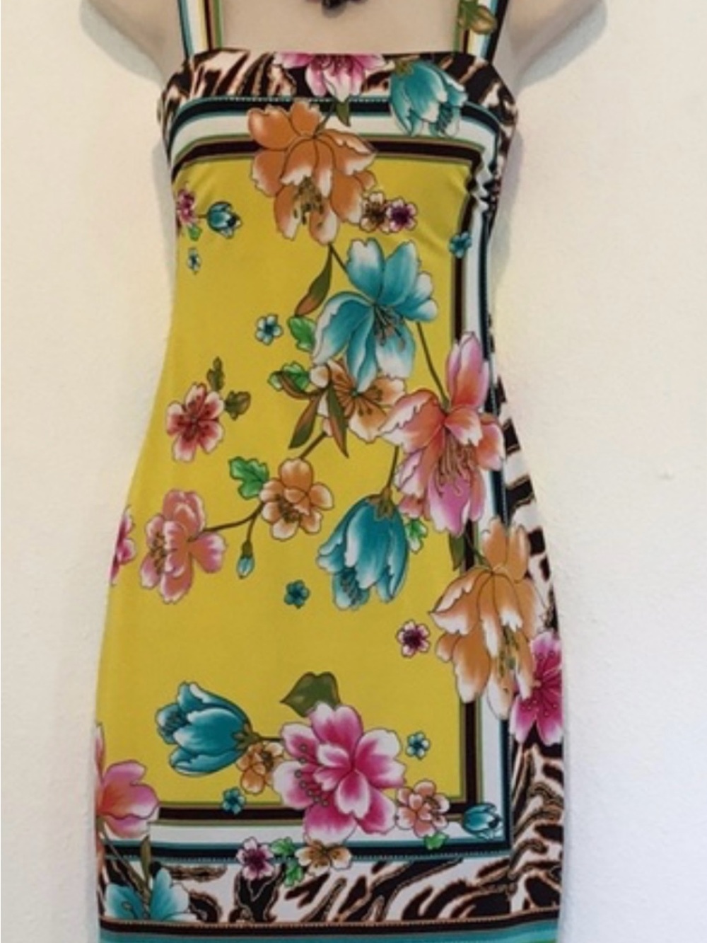 Vintage Cache Yellow Floral Mini Dress with Blue & Pink Accents